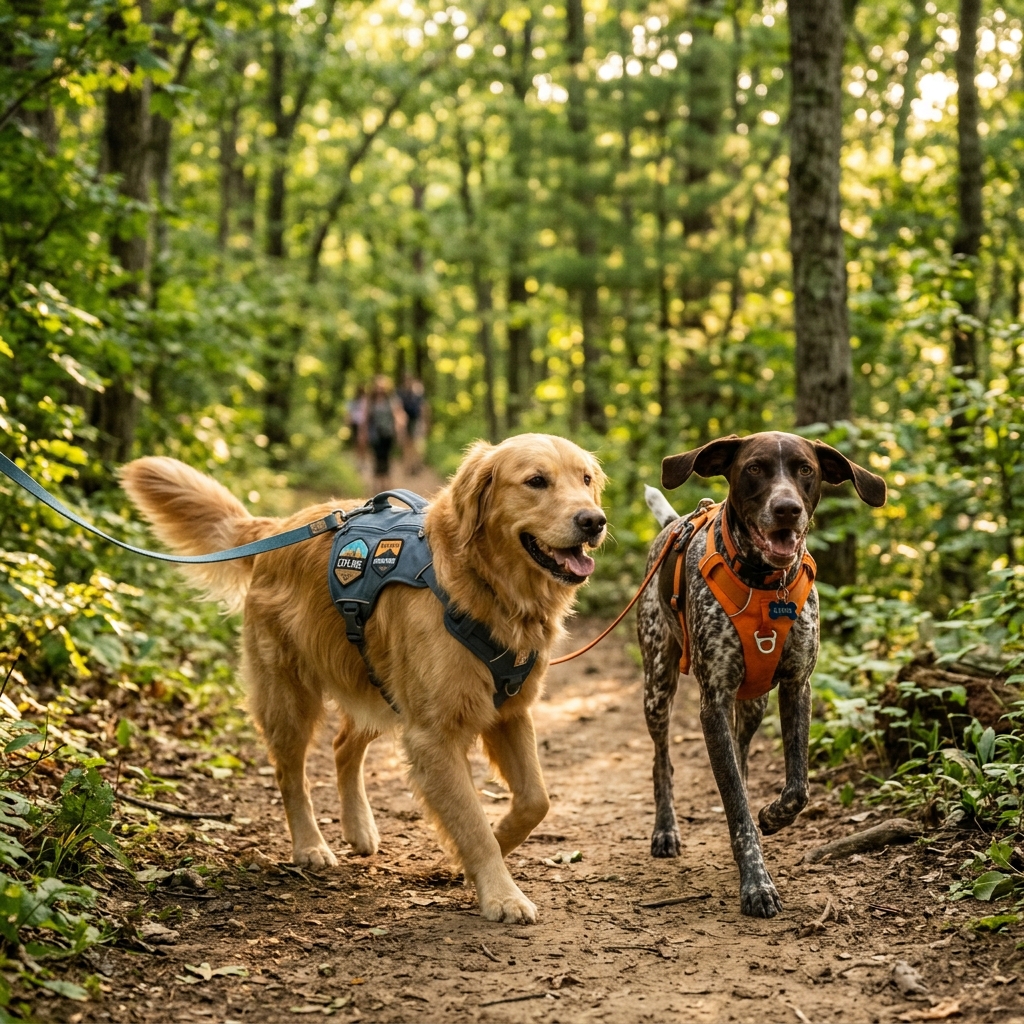 Two dogs walking with premium harnesses on a trail