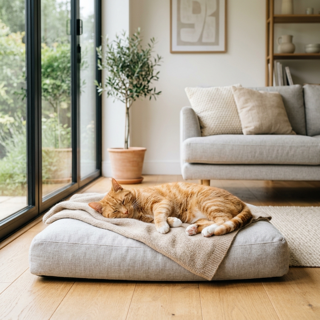 Cat resting on a memory foam pet bed in a bright living room